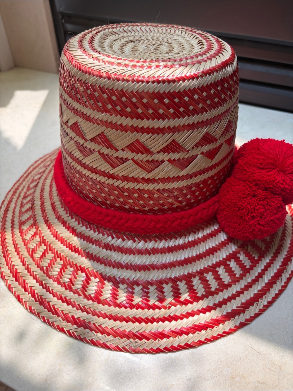 Handwoven Red and Natural Straw Sun Hat with Pom-Pom